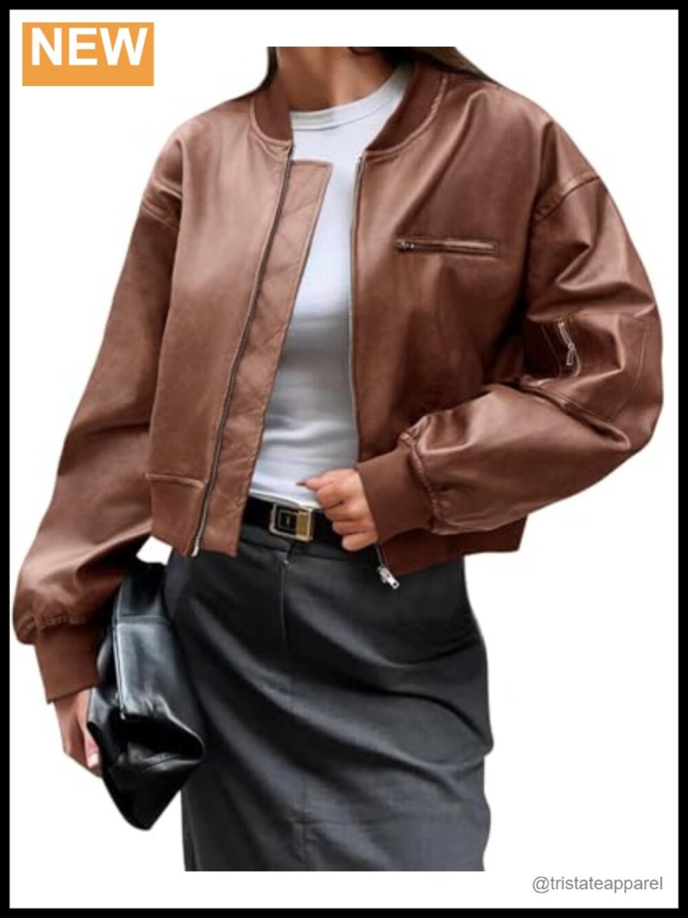 Faux Leather Cropped Bomber Jacket Womens Biker Coat Zip Pockets